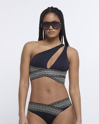 River Island - Black Shirred Asymmetric Bikini Top - Lyst