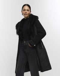 River Island - Black Faux Fur Collar Belted Jacket - Lyst
