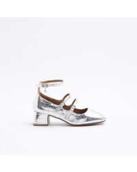 River Island - Silver Strappy Block Heeled Court Shoes - Lyst