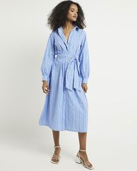 River Island - Blue Balloon Stripe Midi Shirt Dress - Lyst