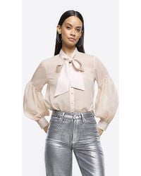 River Island - Pink Tie Neck Puff Sleeve Blouse - Lyst