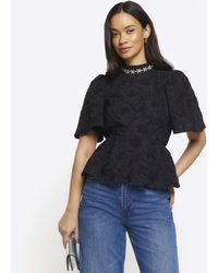 River Island - Black Jacquard Diamante Trim Blouse - Lyst