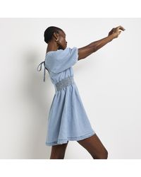 River Island - Blue Denim Shirred Waist Mini Shift Dress - Lyst