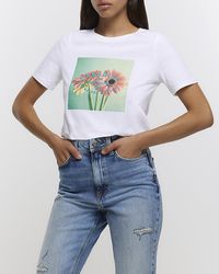 River Island - White Flower Graphic Print T-shirt - Lyst
