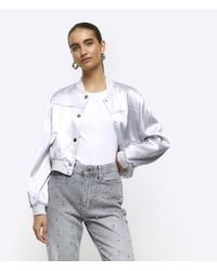 River Island - Silver Satin Tailored Bomber Jacket - Lyst