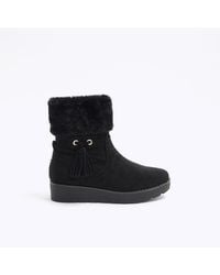 River Island - Black Faux Fur Lining Wedge Boots - Lyst
