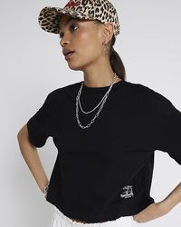River Island - Black Embroidered Cropped T-shirt - Lyst