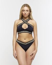 River Island - Black Sequin Elastic Halter Bikini Top - Lyst