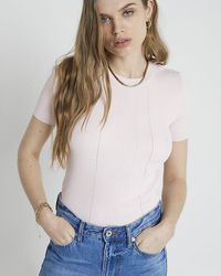 River Island - Pink Ribbed Knit T-shirt - Lyst