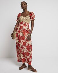 River Island - Red Floral Crochet Swing Midi Dress - Lyst