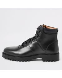 river island lace up flat hiker boot in black