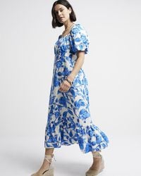 River Island - Blue Floral Puff Sleeve Swing Midi Dress - Lyst