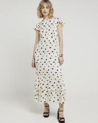 River Island - White Floral Open Back Sawing Midi Dress - Lyst