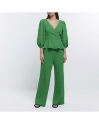 River Island - Green - Bright Pull On Wide Leg Textured Trs - Lyst