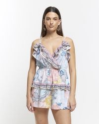 River Island - Blue Floral Frill Playsuit - Lyst