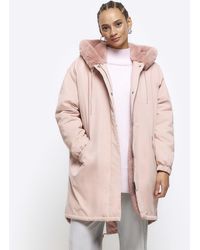 River Island - Pink Faux Fur Lining Parka Coat - Lyst