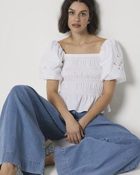 River Island - White Shirred Cut Out Puff Sleeve Blouse - Lyst