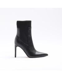 River Island - Black Knit Detail Heeled Ankle Boots - Lyst
