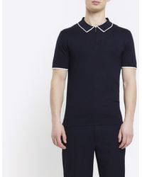 River Island - Navy Slim Fit Knitted Polo Shirt - Lyst
