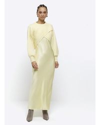 River Island - Yellow Satin Hybrid Slip Midi Dress - Lyst