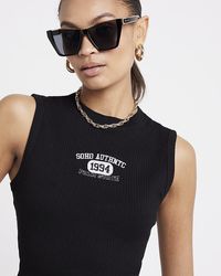 River Island - Black Ribbed Embroidered Tank Top - Lyst