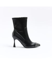 River Island - Black Studded Heeled Ankle Boots - Lyst