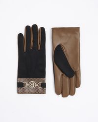 River Island - Brown Faux Leather Ri Monogram Gloves - Lyst