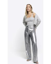 River Island - Silver High Waisted Straight Coated Jeans - Lyst