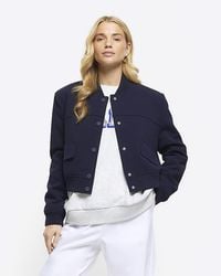River Island - Navy Tailored Crop Bomber Jacket - Lyst