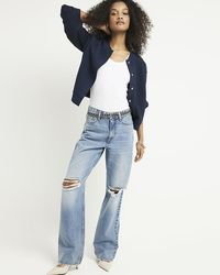 River Island - Navy Quilted Bomber Jacket - Lyst