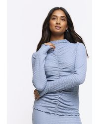 River Island - Blue Textured Ruched Long Sleeve Top - Lyst
