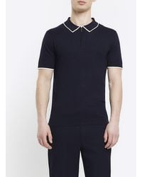 River Island - Navy Slim Fit Knitted Polo Shirt - Lyst