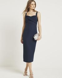 River Island - Navy Ruched Open Back Bodycon Midi Dress - Lyst