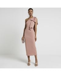 River Island - Beige One Shoulder Bow Bodycon Midi Dress - Lyst