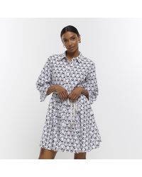 River Island - Cream Floral Tie Waist Mini Shirt Dress - Lyst