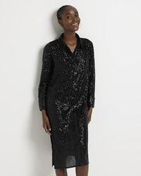 River Island - Black Sequin Long Sleeve Midi Shirt Dress - Lyst