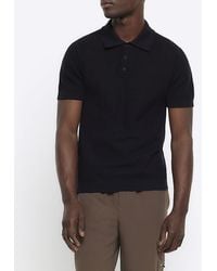 River Island - Black Slim Fit Textured Knitted Polo Shirt - Lyst