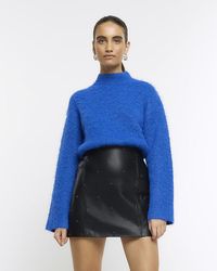 River Island - Black Faux Leather Studded Mini Skirt - Lyst