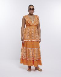 River Island - Plus Orange Embroidered Frill Maxi Dress - Lyst