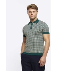 River Island - Green Muscle Fit Knit Geometric Polo - Lyst