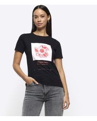 River Island - Black Floral Graphic T-shirt - Lyst