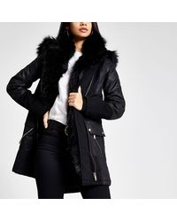 River Island Black Faux Fur Trim Oversized Parka Coat