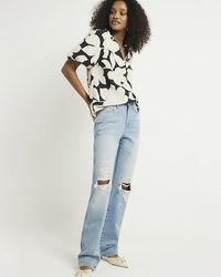 River Island - Blue High Waisted Ripped Stove Straight Jeans - Lyst