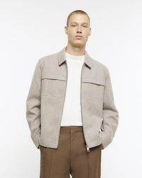 River Island - Beige Regular Fit Wool Blend Zip Up Shirt - Lyst