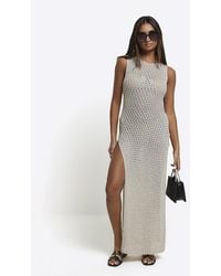 River Island - Silver Crochet Glitter Bodycon Maxi Dress - Lyst