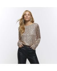 River Island - Rose Gold Sequin Long Sleeve Top - Lyst