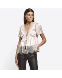 River Island - Beige Satin Lace Trim Tie Up Blouse - Lyst