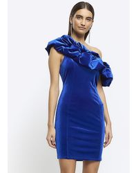 River Island - Blue Velvet Off Shoulder Bodycon Mini Dress - Lyst