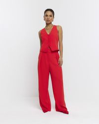 River Island - Petite Red Pleated Wide Leg Pants - Lyst