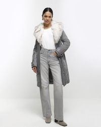 River Island - Grey Faux Fur Collar Belted Jacket - Lyst